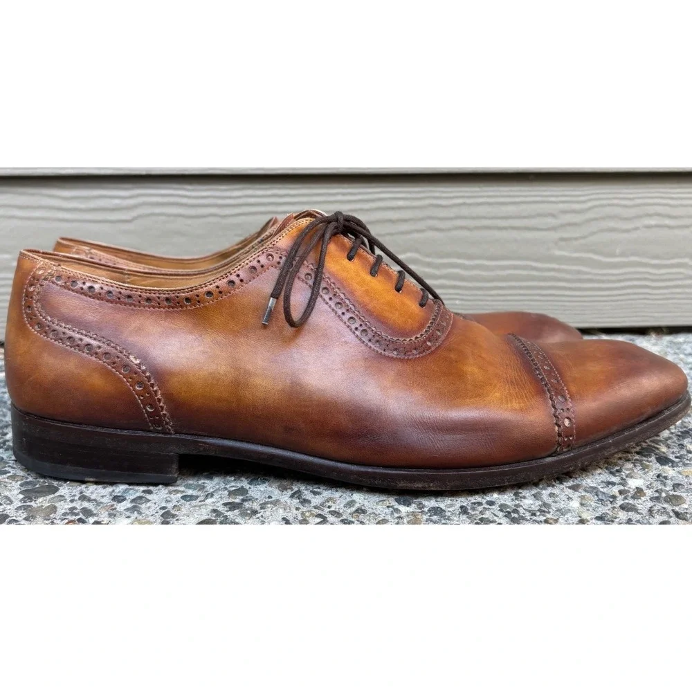 Magnanni 19099 Mens Cognac Hand Painted Leather Cap Toe Brogue Oxfords Size 11 M
